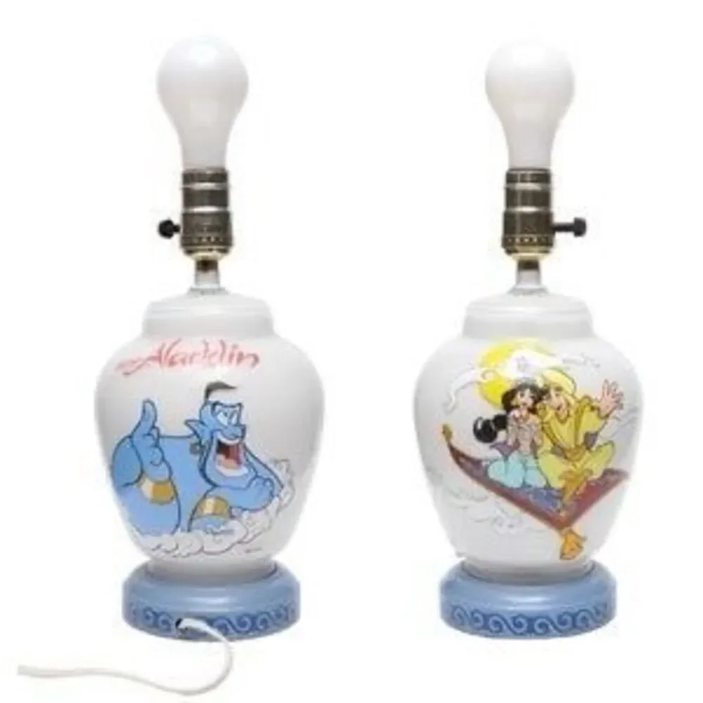vintage Disney Aladdin & Jasmine Genie Milk Glass Lamp Red Light Night Light 90s